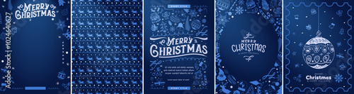 Blue Gradient Merry Christmas Greeting Card Posters, Xmas invitation template, and patterned background. Decorative Christmas Elements in monochromatic blue colors. For display posters, cards, posters