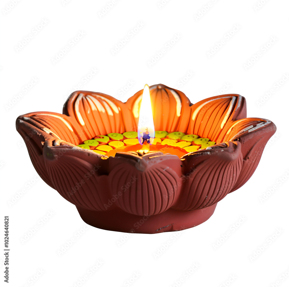 Handcrafted and painted clay lotus flower lamp flame - Diwali festival decoration object, isolated on a white background. Handcrafted and painted clay lotus flower lamp flame - Diwali festival decoration object, isolated on a white background.