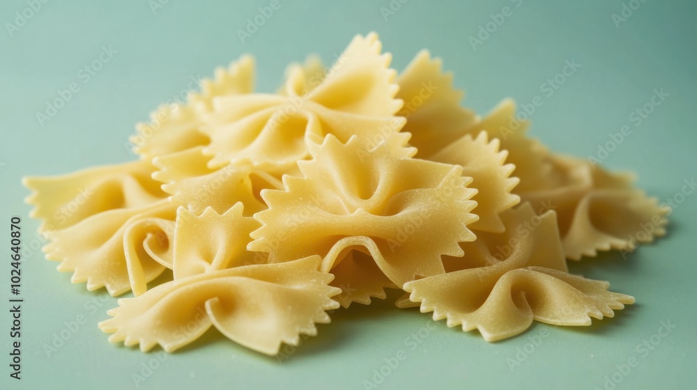 A pile of farfalle pasta pieces isolated on a pastel mint green background, soft lighting for a gentle look. A pile of farfalle pasta pieces isolated on a pastel mint green background, soft lighting for a gentle look.