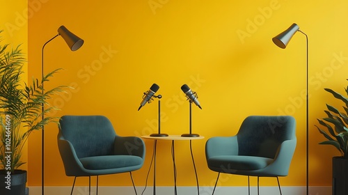 A bright and stylish podcast studio featuring teal armchairs, a round table, microphones, and floor lamps. The bold yellow backdrop adds energy, creative space
