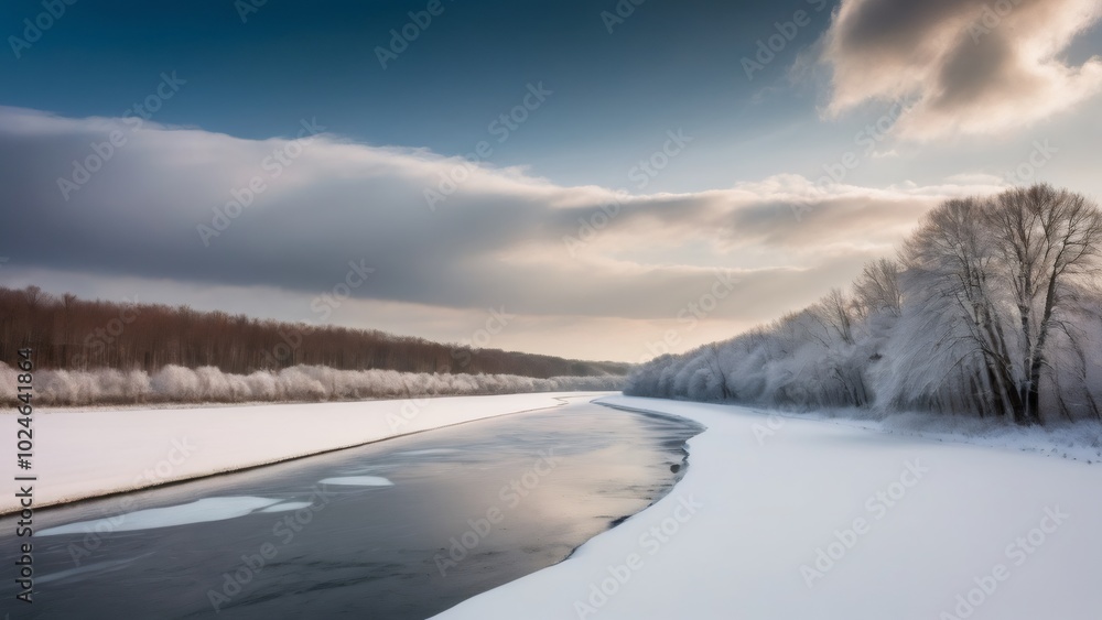 Winter Sunset over a Snowy River Bend: The gentle curve of a river, surrounded by snow and frost, reflects the golden light of a winter sunset, with frost-covered trees casting soft shadows over the s Winter Sunset over a Snowy River Bend: The gentle curve of a river, surrounded by snow and frost, reflects the golden light of a winter sunset, with frost-covered trees casting soft shadows over the s