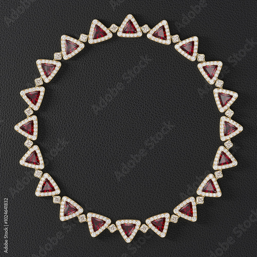 Luxurious necklace of diamonds and rubies ​​in trillion cut on the leather stand. Jewelry showcase. Close-up. 3d rendering.