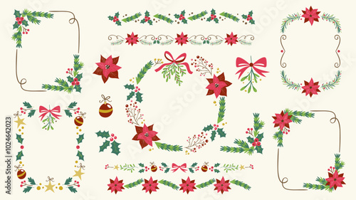Hand-drawn Christmas floral decorative elements. Frames, wreaths, isolated items and dividers. Perfect for greeting card design and gift labels.