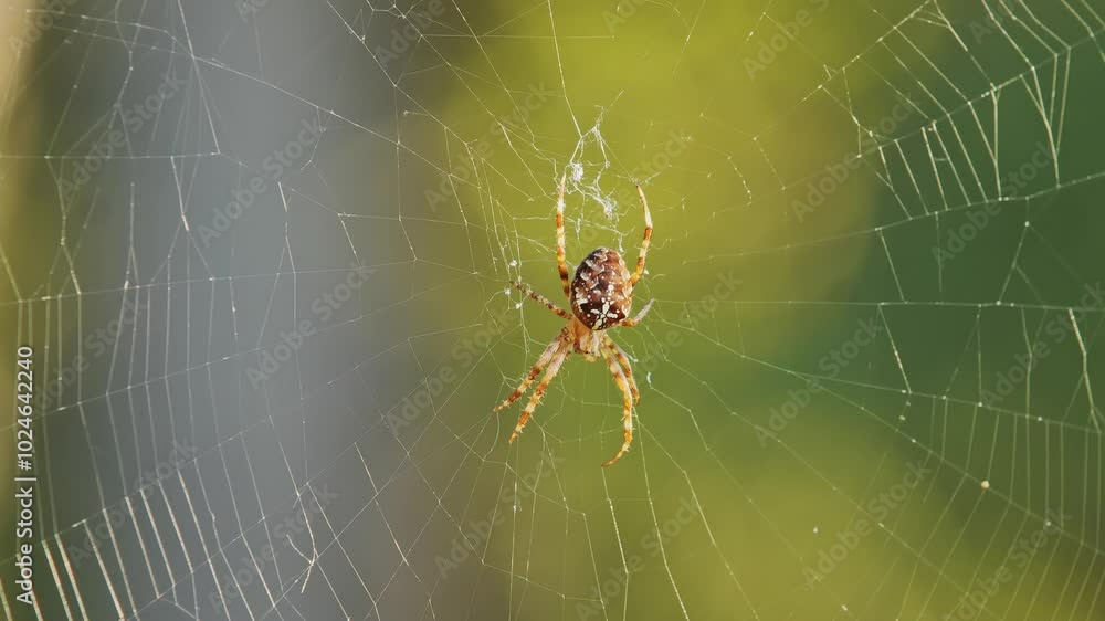 Spider delicately eating a small insect in its intricate web during golden hour. Spider delicately eating a small insect in its intricate web during golden hour.