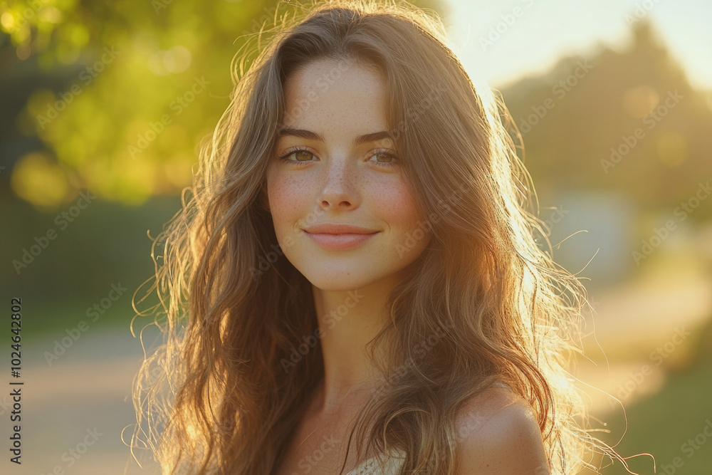 Naklejka premium Beautiful smiling girl with long hair in nature