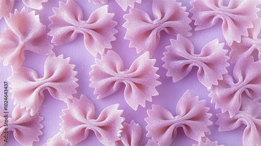 Close-up of farfalle pasta texture, isolated on a pastel lavender background, highlighting the intricate bow design. Close-up of farfalle pasta texture, isolated on a pastel lavender background, highlighting the intricate bow design.