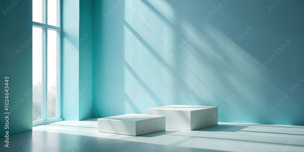 Obraz premium White Platforms Against a Light Blue Wall with Sunlight Streaming Through a Window