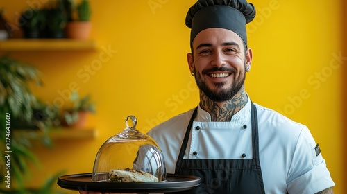 Smiling Tattooed Male Chef Holding a Serving Tray for Culinary Promotions and Restaurant Marketing photo