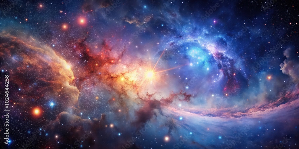 Naklejka premium A Cosmic Tapestry of Glowing Nebulae and Distant Stars, A Symphony of Color and Light in the Vast Expanse of Space