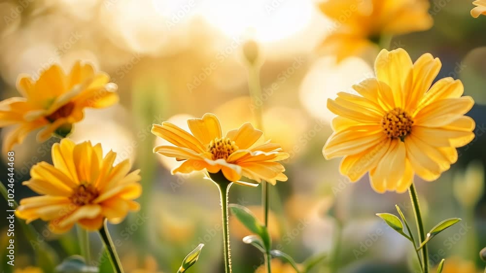A close-up view of vibrant yellow flowers illuminated by soft sunlight. A close-up view of vibrant yellow flowers illuminated by soft sunlight.