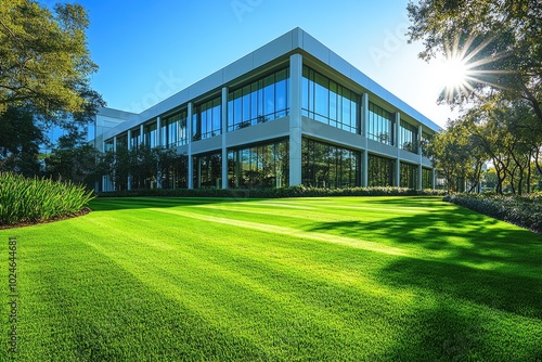 Modern Office Building with Green Lawn and Sun