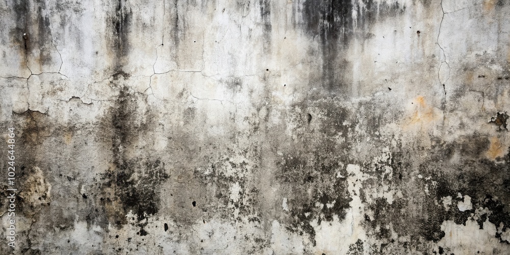 Obraz premium A weathered, cracked, and stained concrete wall with a mottled surface revealing the passage of time and the effects of nature.