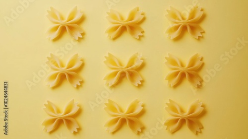 Farfalle pasta arranged in a neat row on a pastel yellow background, symmetrical and clean design.