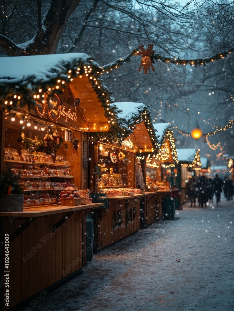 Naklejka premium Snowy Christmas Market Stalls