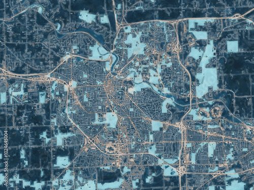 Painterly Style City Map of Ann Arbor Michigan, USA in a Blue Color Scheme.