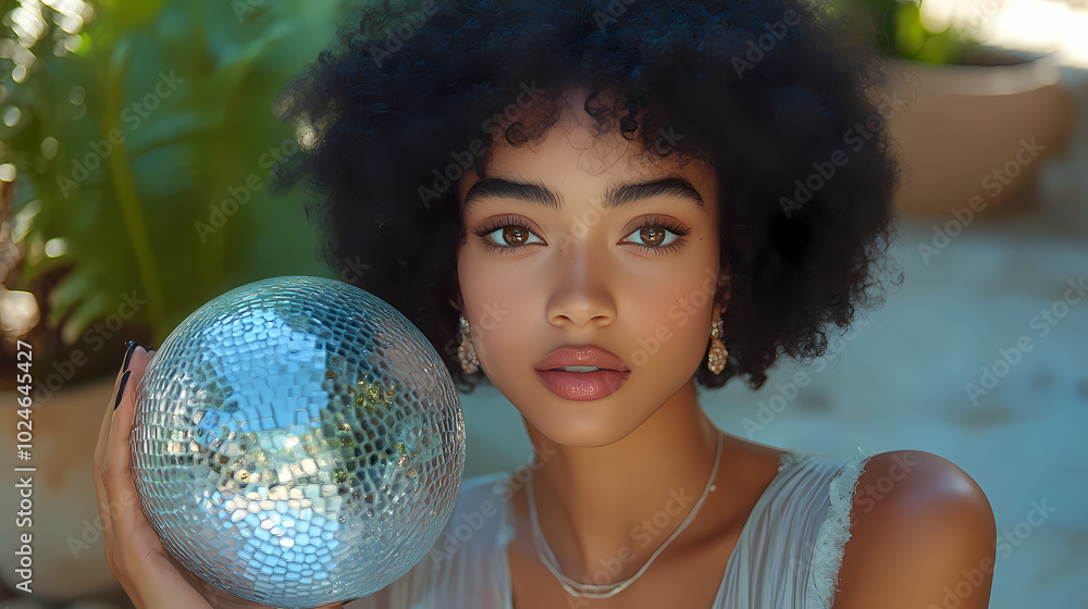 Naklejka premium Woman gripping a disco ball.