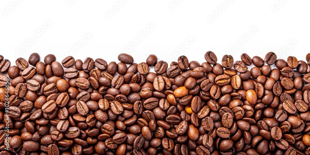 Obraz premium A Close-Up of Aromatic Roasted Coffee Beans Forming a Line Against a Pure White Background