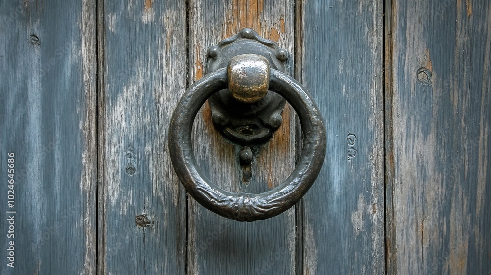 Closeup view of an antique door knocker and door Closeup view of an antique door knocker and door