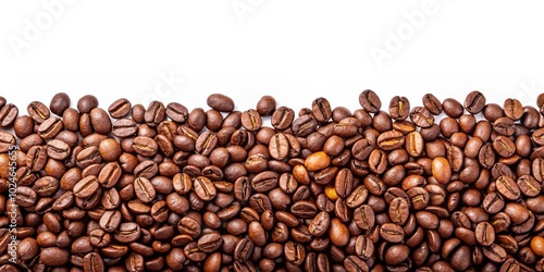 A Close-Up of Aromatic Roasted Coffee Beans Forming a Line Against a Pure White Background