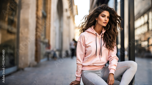 A beautiful woman in a pink sweatshirt and leggings sits gracefully on the sidewalk (in blur background), exuding a relaxed and stylish vibe.