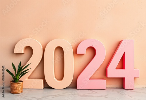 Large pink and peach 2024 numbers in front of a peach wall with a potted plant. photo