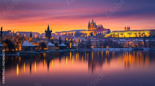 Prague's gothic castle and Charles Bridge at dusk