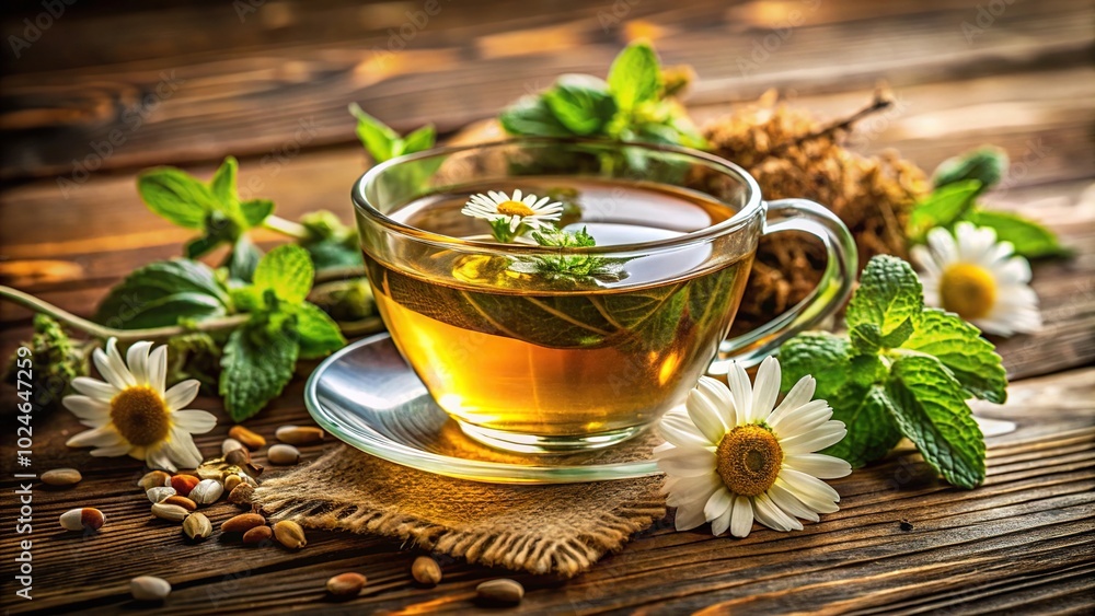 Soothing herbal tea blend with mint and chamomile Soothing herbal tea blend with mint and chamomile