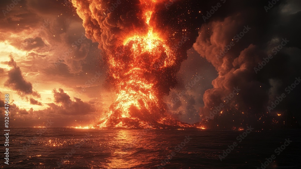 custom made wallpaper toronto digitalAn underwater volcano exploding with red-hot sparks and ash, sending a glowing stream of fire and smoke into the sky above the ocean