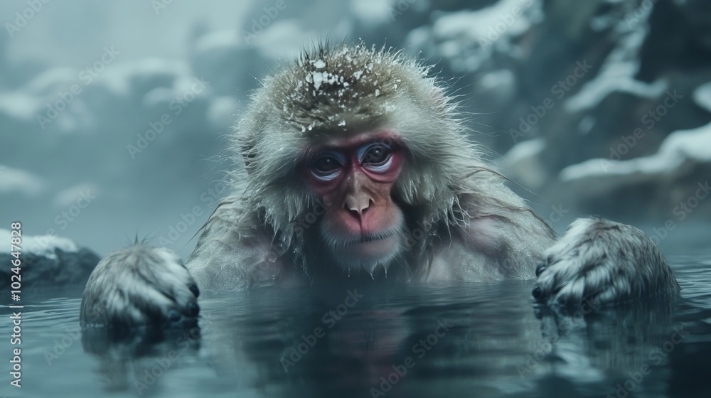 Naklejka premium Japanese macaque in hot spring