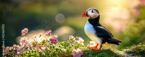 A solitary Atlantic puffin stands perched on a grassy cliff, overlooking the ocean in Iceland photo