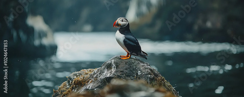 A solitary Atlantic puffin stands perched on a grassy cliff, overlooking the ocean in Iceland photo