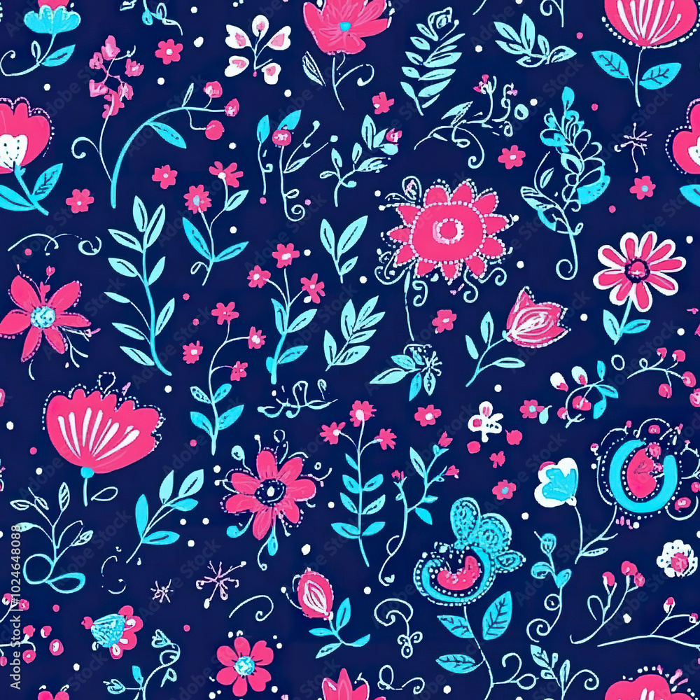 Whimsical floral pattern with bright pink and blue flowers on a dark background. AI-generated. Whimsical floral pattern with bright pink and blue flowers on a dark background. AI-generated.