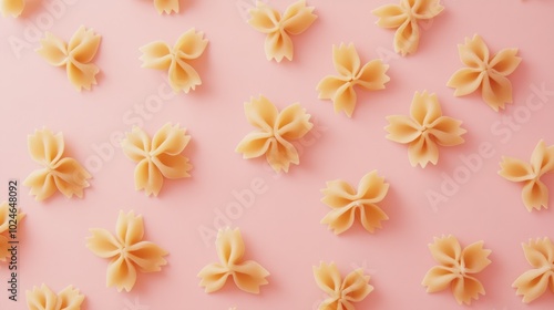 Farfalle pasta forming an intricate star-shaped arrangement on a pastel pink backdrop.