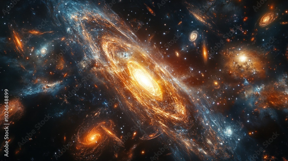 A vibrant spiral galaxy with swirling arms of gas and dust, surrounded by smaller galaxies and stars in a vast, dark space. A vibrant spiral galaxy with swirling arms of gas and dust, surrounded by smaller galaxies and stars in a vast, dark space.