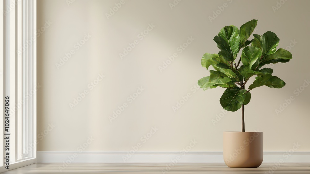 A vibrant fiddle-leaf fig tree stands tall in a bright, sunlit living room A vibrant fiddle-leaf fig tree stands tall in a bright, sunlit living room