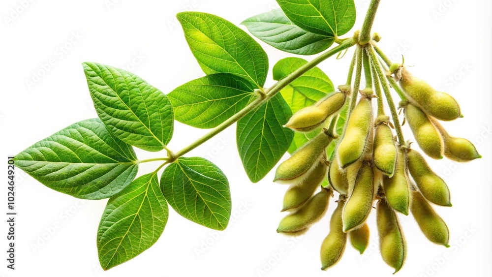 Fototapeta premium Soya bean plant branch with beans and leaves isolated on white background