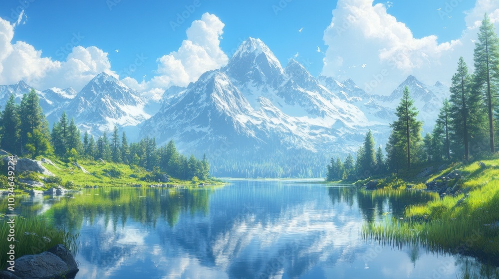 A serene mountain lake with snow-capped peaks reflecting in the clear water, surrounded by lush green forests and a blue sky with fluffy white clouds. A serene mountain lake with snow-capped peaks reflecting in the clear water, surrounded by lush green forests and a blue sky with fluffy white clouds.