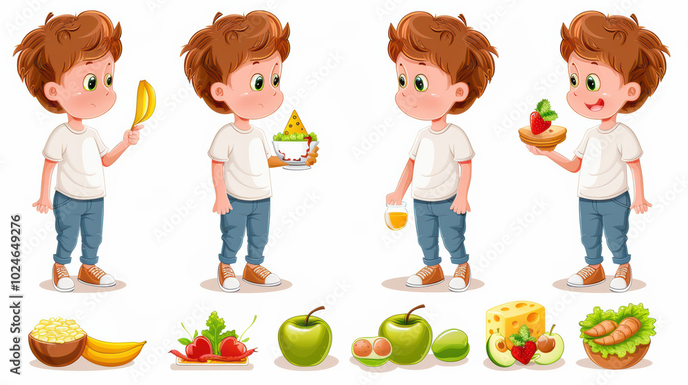 cheerful boy enjoys various healthy foods, including banana, salad, and dessert. His expressions reflect curiosity and delight as he explores nutritious options cheerful boy enjoys various healthy foods, including banana, salad, and dessert. His expressions reflect curiosity and delight as he explores nutritious options