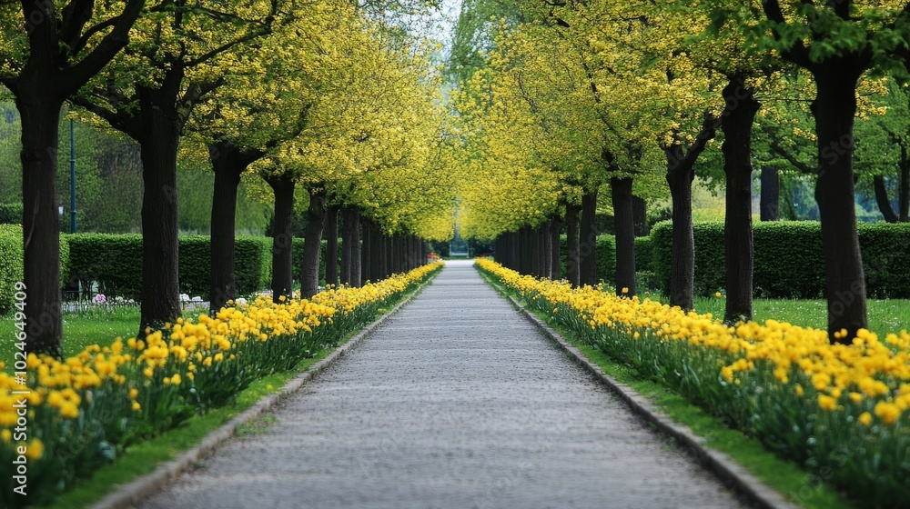 Naklejka premium Scenic path with trees and flowers
