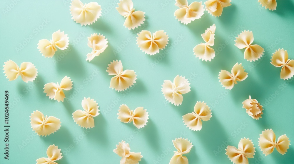 Obraz premium Farfalle pasta scattered randomly on a pastel mint green background, with playful composition.