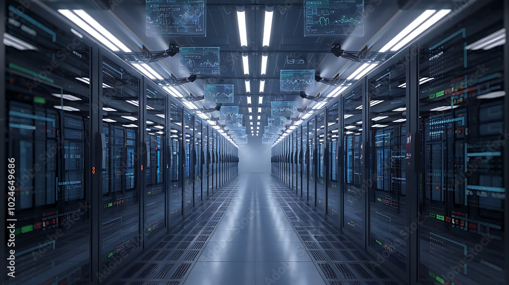 high-tech data warehouse, featuring rows of modern servers with blinking lights in a vast, secure facility, data center, big data high-tech data warehouse, featuring rows of modern servers with blinking lights in a vast, secure facility, data center, big data