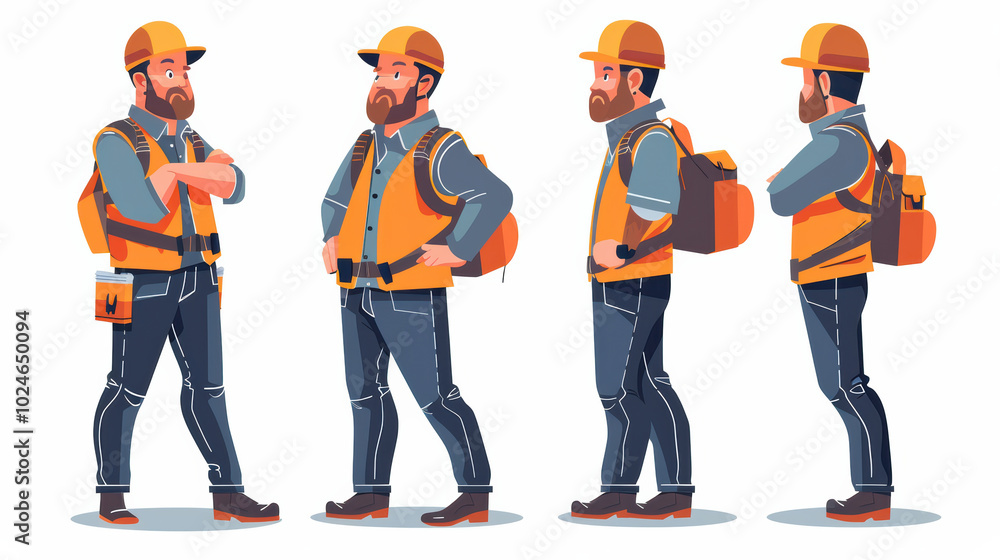 confident construction worker stands in various poses, showcasing his safety gear and tools. His orange vest and hard hat highlight his readiness for job confident construction worker stands in various poses, showcasing his safety gear and tools. His orange vest and hard hat highlight his readiness for job