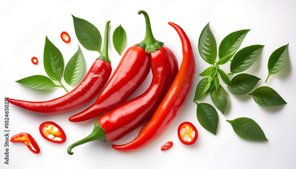 Red chili peppers and green leaves, either whole or halved, isolated on a white background Red chili peppers and green leaves, either whole or halved, isolated on a white background
