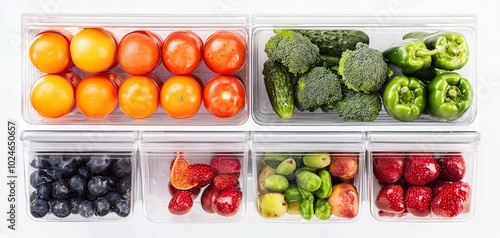 Organized fridge filled with fresh vegetables and fruits in clear containers, bright and colorful, representing healthy eating habits and proper food storage