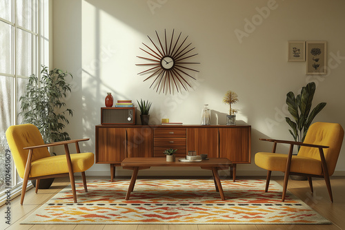 3D Visualization of Mid-Century Modern Living Room Featuring Vintage Furniture, Including Low Wooden Coffee Table and Mustard Yellow Armchairs. Bright Natural Light and Warm Earth Tones Create  photo