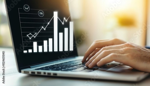 Close-up of hands typing on a laptop, SEO expert analyzing essential data and monitoring progress, detailed focus on SEO strategy
