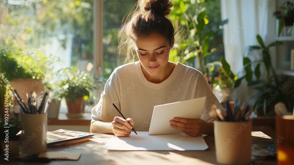 A young woman sketches at a sunlit table surrounded by plants in a cozy indoor space during the afternoon A young woman sketches at a sunlit table surrounded by plants in a cozy indoor space during the afternoon