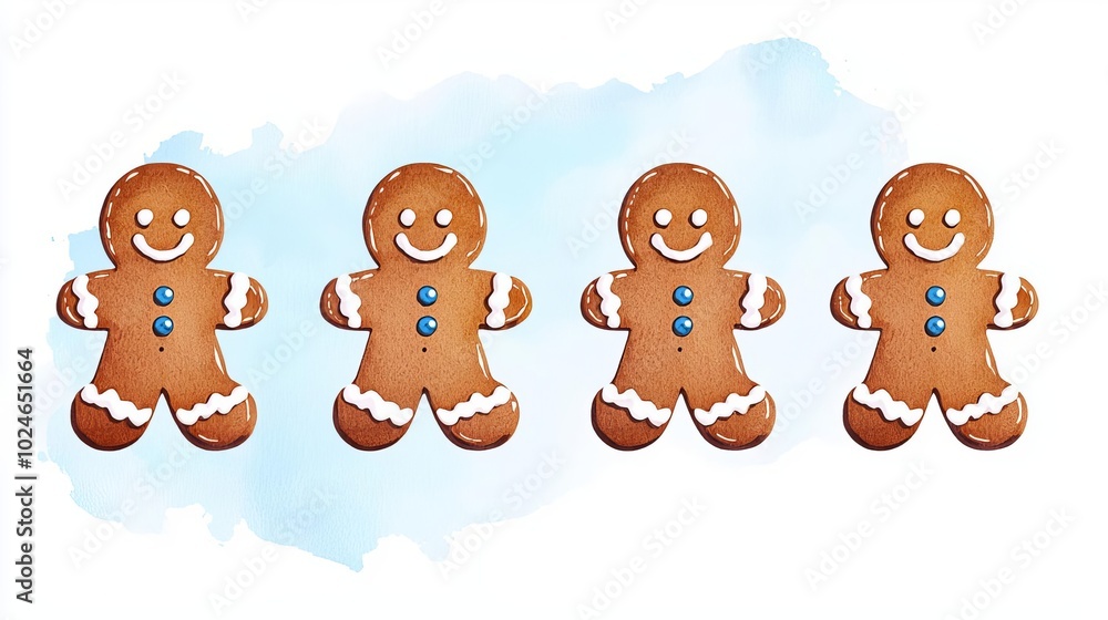 Fototapeta premium Four cheerful gingerbread cookies on a light blue watercolor background.