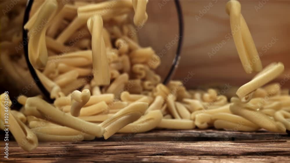 Dry pasta falls on a wooden table. Filmed on a high-speed camera at 1000 fps. High quality FullHD footage Dry pasta falls on a wooden table. Filmed on a high-speed camera at 1000 fps. High quality FullHD footage