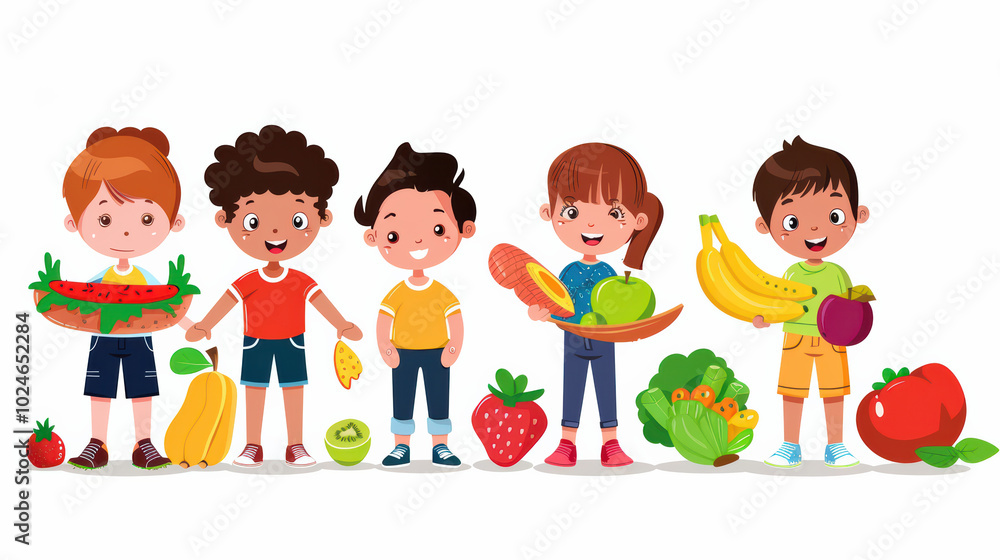 Five cheerful children holding various fruits and vegetables, showcasing colorful assortment of healthy foods. Their joyful expressions promote healthy eating habits Five cheerful children holding various fruits and vegetables, showcasing colorful assortment of healthy foods. Their joyful expressions promote healthy eating habits